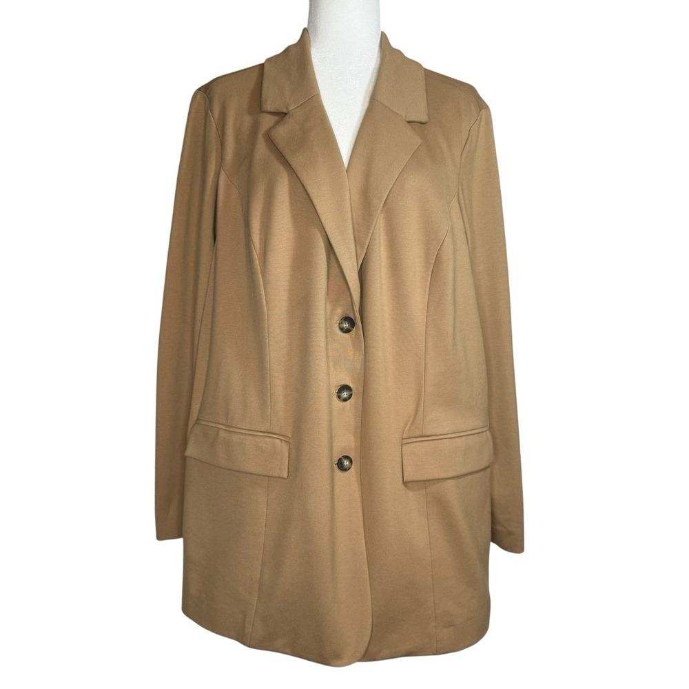J. Jill‎ Ponte Stretch Knit Blazer Jacket Camel Tan Longline 3 Button L/XL Cozy - Picture 2 of 12